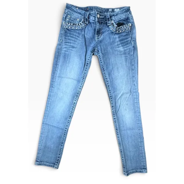 Miss Me Signature Cuffed Skinny Jeans Medium Wash Embellished Studded Size 28 - Image 4