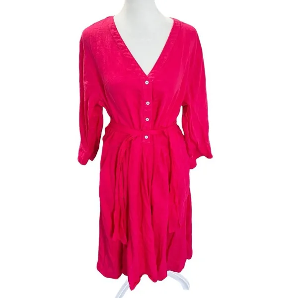 Rosso35 100% Linen Belted Midi Shirt Dress Fuchsia Pink Italy US 14 - Image 2