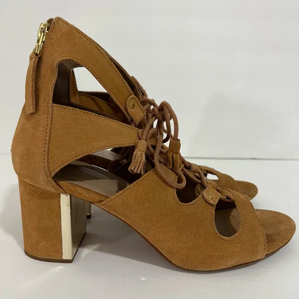 Stradivarius Lace Up Block Heels Camel Brown & Gold Size 38 - Image 2