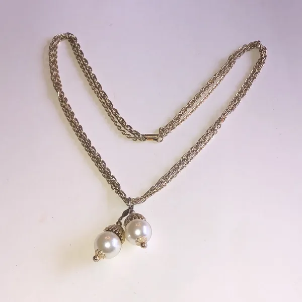 Vintage Gold Tone Double Faux Pearl Drop Necklace - Image 4