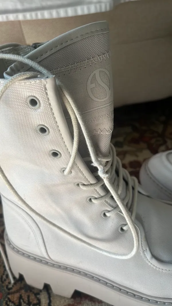 Beige Fabric Moto Lace Up Combat Boots - Image 4