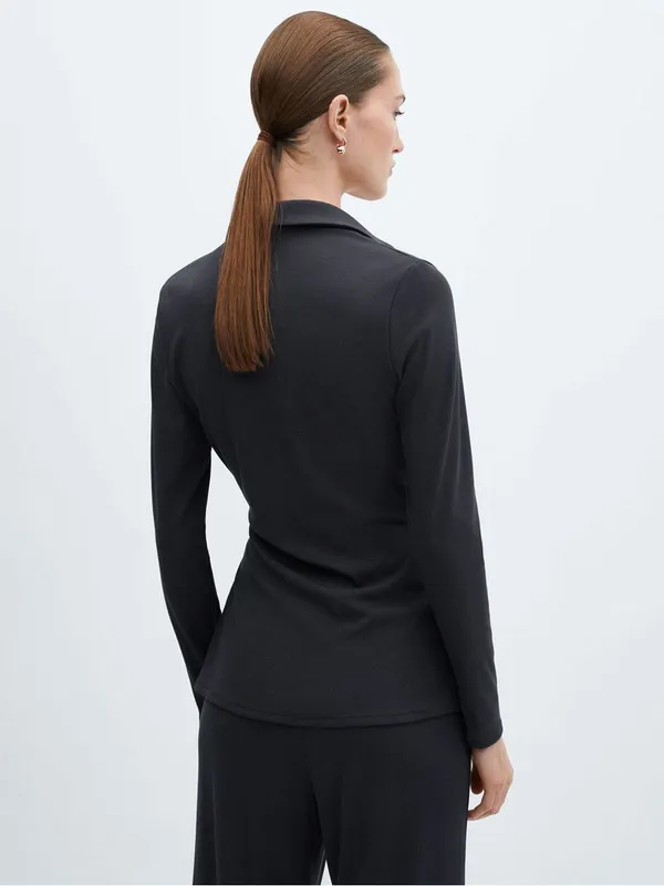 Mango Belinda Wrap Top Blouse V Neck Collared Charcoal Gray Ribbed NWT - Image 3