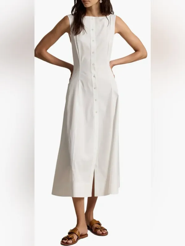 NEW Polo Ralph Lauren Paneled Cotton Button-Up Midi White Dress sz 2 - Image 2