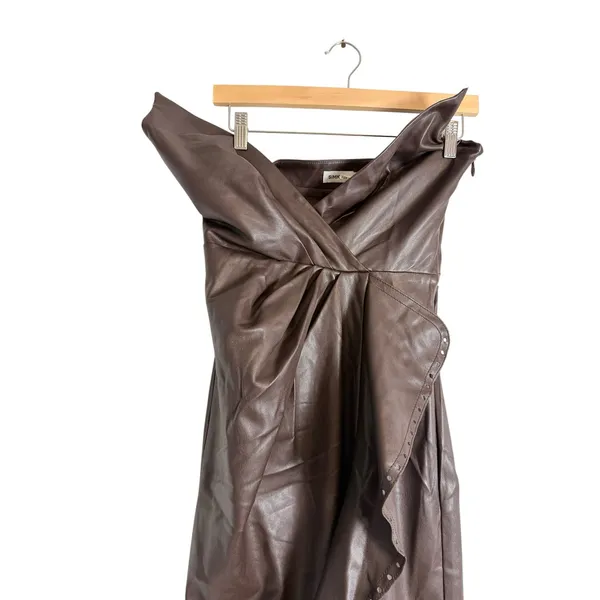 Simkhai Carkee Brown Faux Leather Faux Wrap Draped Strapless Midi Dress Small - Image 3