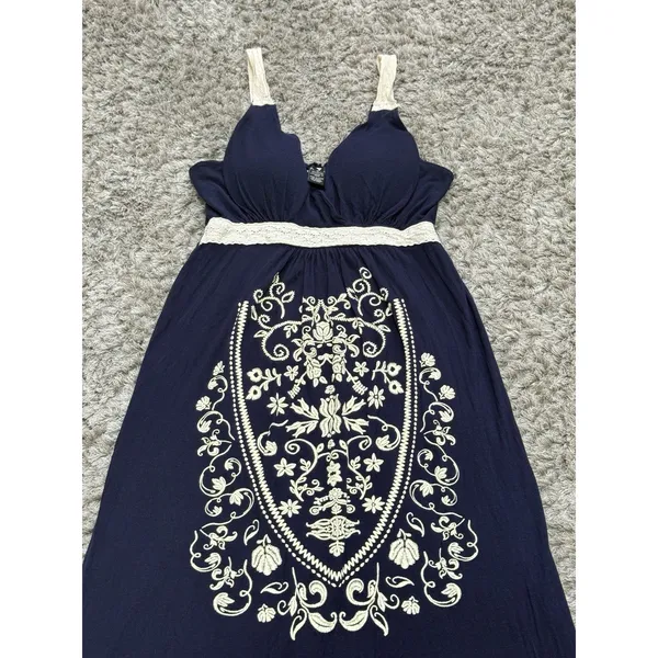 Women’s Blue Maxi Dress Size M Padded Lace Accents Embroidered Boho Cottagecore - Image 4