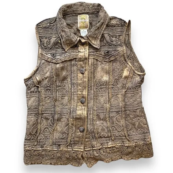 Vintage Flashback‎ Vest Metallic Brown Floral Detail Lace Embroidered High Neck - Image 2