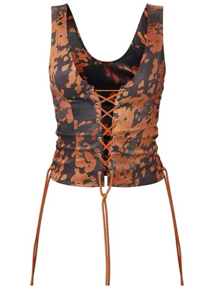 Pretty Little Thing Brown Printed Woven Lace Up Tank NWT Size 12 - Image 4