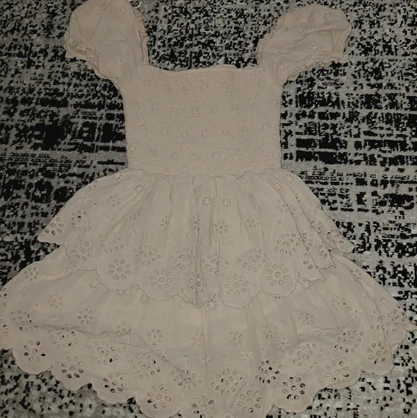 Bershka Size S Cream Tiered Ruffle Dress Eyelet Smocked Puff Sleeve - Image 15