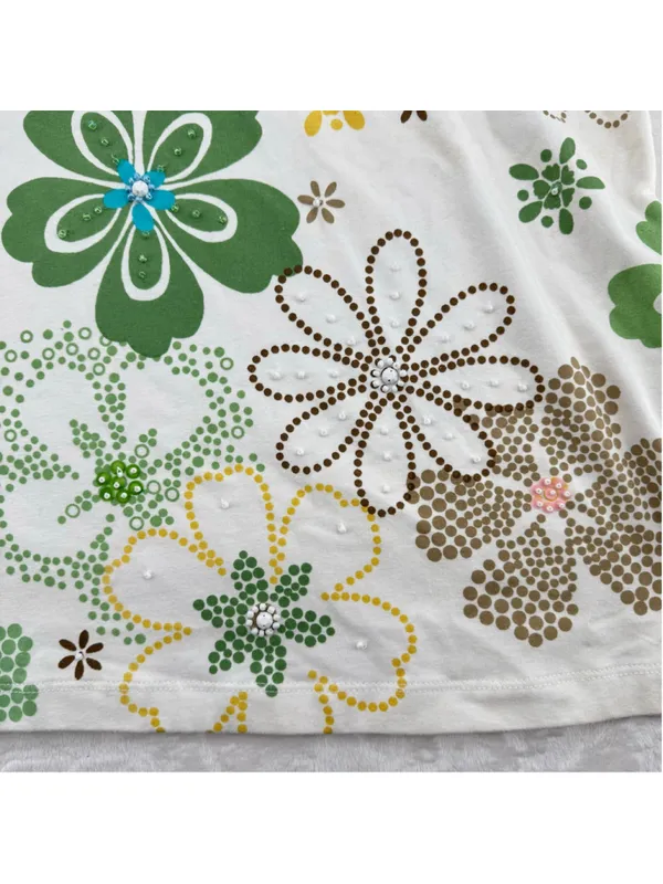 Alfred Dunner Vintage Retro Daisy Flower Tee Beaded V neck Hippie Boho Size XL - Image 2
