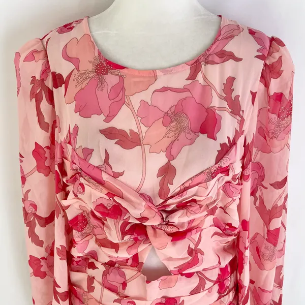 New Floral Print Twist Keyhole Front Long Sleeve Dress Pink Size XL - Image 5