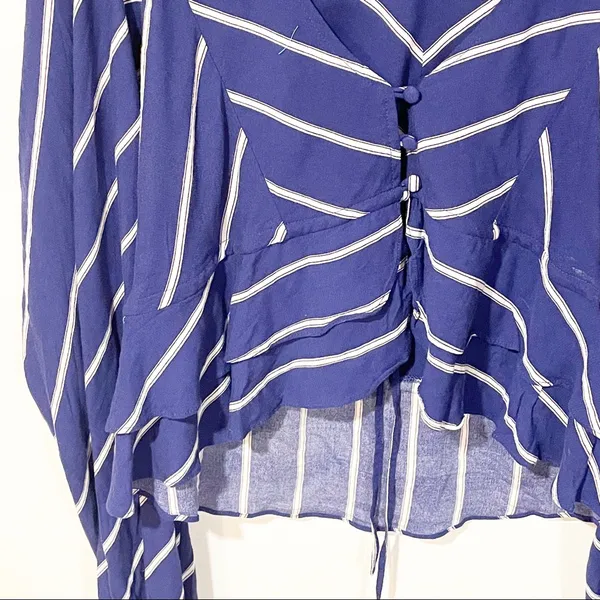 Free People‎ Medium Blue Stripe Samifran Ruffle Tie Front Cropped Top Blouse - Image 3
