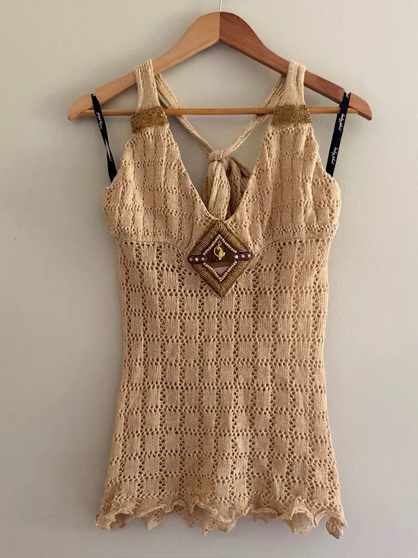 Y2K Baby Phat Vintage Crochet Knit Beaded Halter Top Women’s Large - Image 2