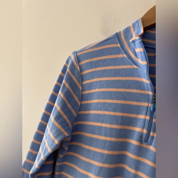 L.L. Bean Blue and Orange French‎ Sailor Stripe Quarter Zip Pullover Sweater - Image 3