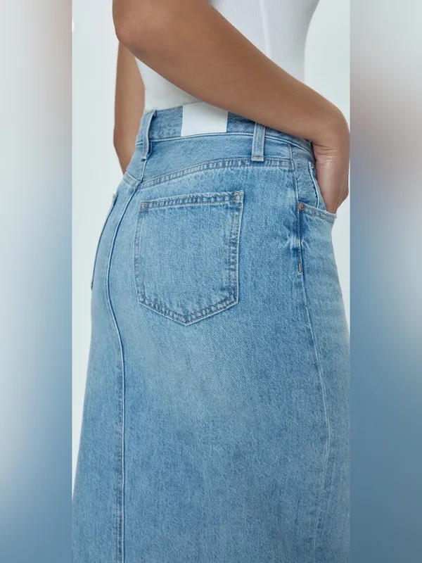 Pistola Alice Brooklyn High Rise Denim Midi Skirt 26 Raw Hem Slit 90s Western - Image 4