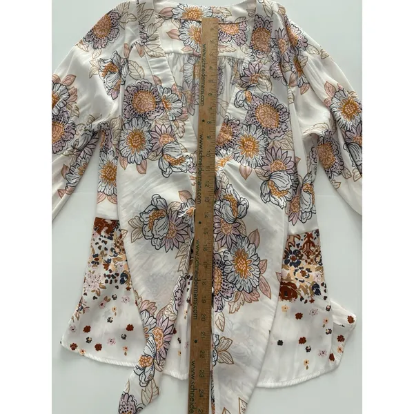 Free People Blouse Womens M White Floral Run Free Balloon Sleeve Tie Front Silky - Image 10