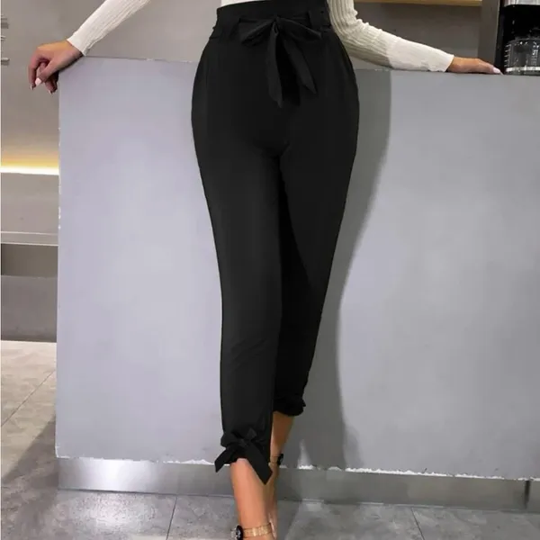 High Waist Belted Hem Cropped Pants Black Size XS - Image 3