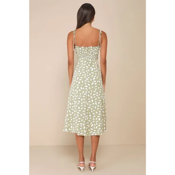 Lulus Party in Paris Sage Green Print Tie-Strap Midi Dress Resort Extra Large - Image 4