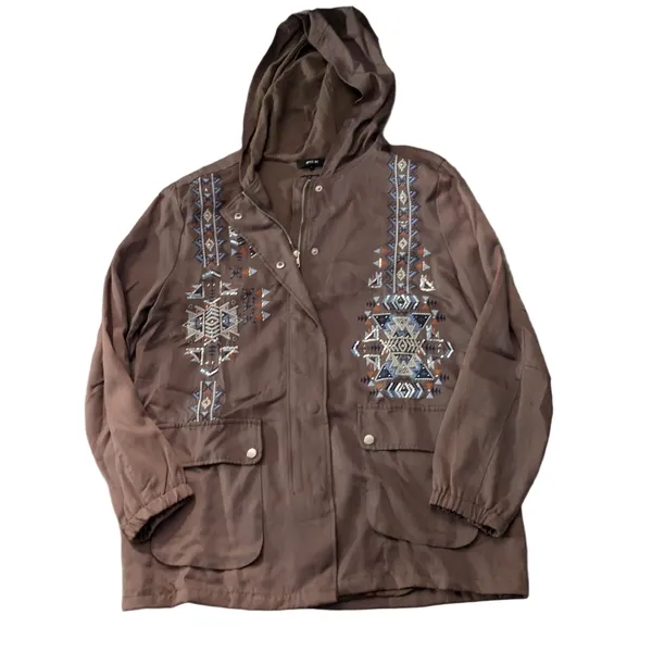 Miss Me Brown Lightweight Tribal Embroidery Stitchig Jacket Size Large - Image 3