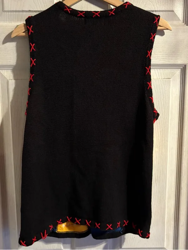 Basic Editions Christmas Sweater Vest Womens Small Black Holiday Patchwork Knit - Image 2