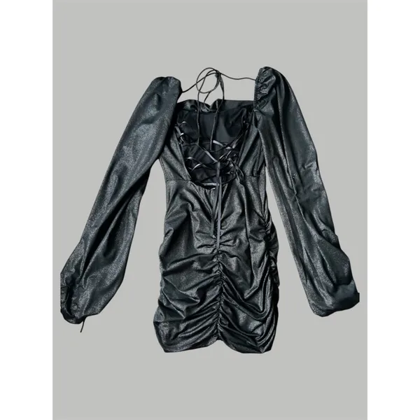 Lucy in the Sky Corset Shimmer Mini Long Sleeve Dress Black Metallic Medium - Image 5