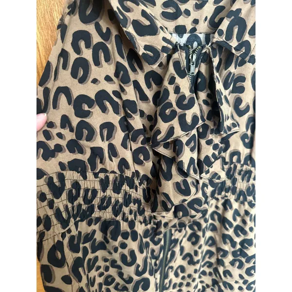 Papaya Leopard Print Ruffle Zip Front Mini Dress Tan Black Smocked Waist Small - Image 4