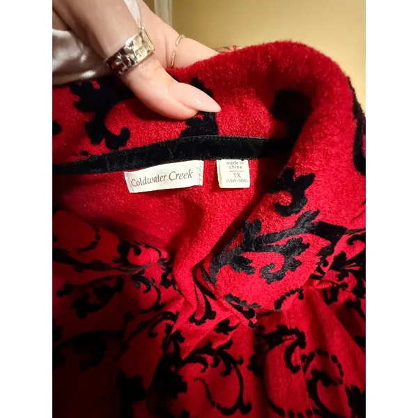 Coldwater Creek Red Black Scroll Print‎ Wool Blazer Jacket 1X Velvet Brocade - Image 4