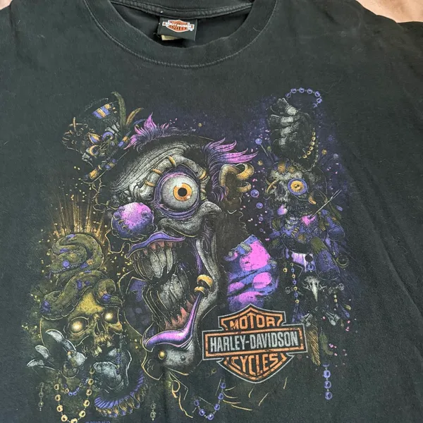 Harley Davidson Black Graphic Tee T-Shirt Jester Joker Clown Y2K Biker Streetwear Goth Punk Grunge Short Sleeve Men XL - measurements in pics - Image 2