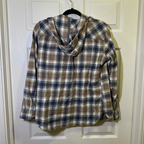 Carhartt Relaxed Fit Flannel Hooded Plaid Shirt Size Medium Blue Tan Button Down - Image 6