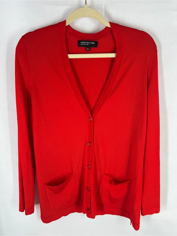 Jones New York Collection Red Longline Cardigan Size S Button Front Pockets - Image 2