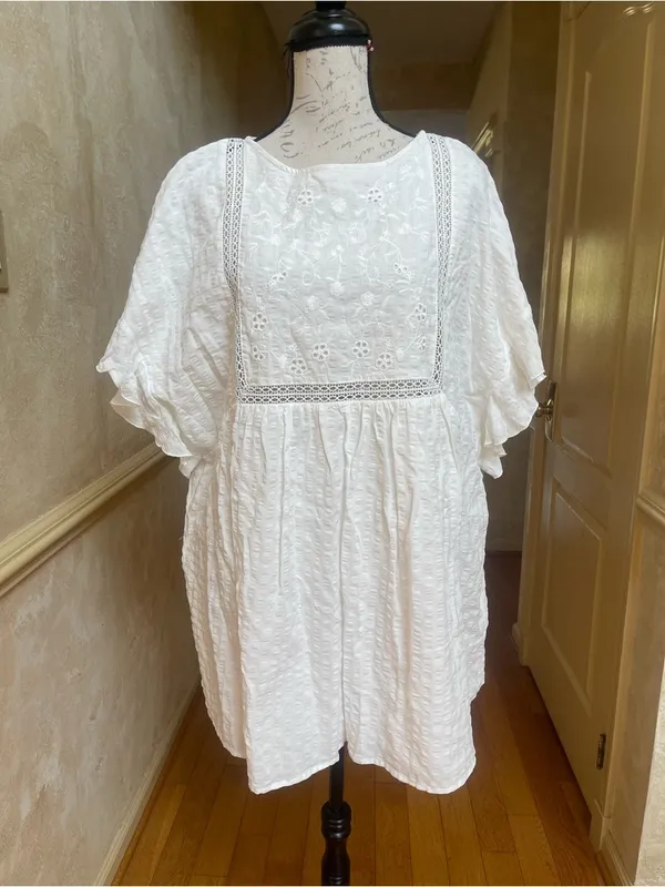 Altar’d State Cove White Embroidered Flutter Sleeve Mini Cotton Dress Boho Sz M - Image 2