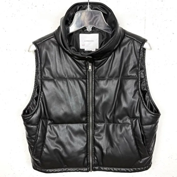 Anthropologie Faux Leather Puffer Vest Black Cropped Full Zip Pockets Size Small - Image 2