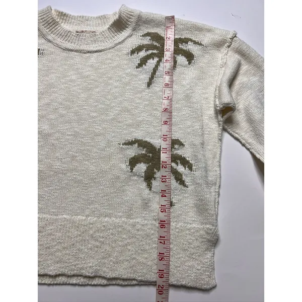 hem & thread Palm Tree Knit Sweater Medium Cotton Cream Olive Green Crew Neck - Image 6