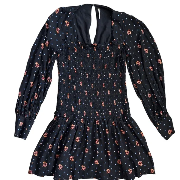 Free People Two Faces Smocked‎ Printed Mini Dress Black Combo Size Large - Image 6
