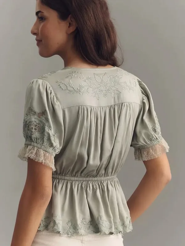 Anthropologie Blue Floral Embroidered Lace V Neck Peplum Blouse Size M - Image 11