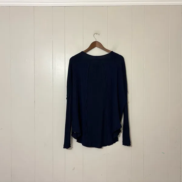 Free People Leo Henley Long Sleeve Top Blue Waffle Knit Oversized Boho Size S - Image 9