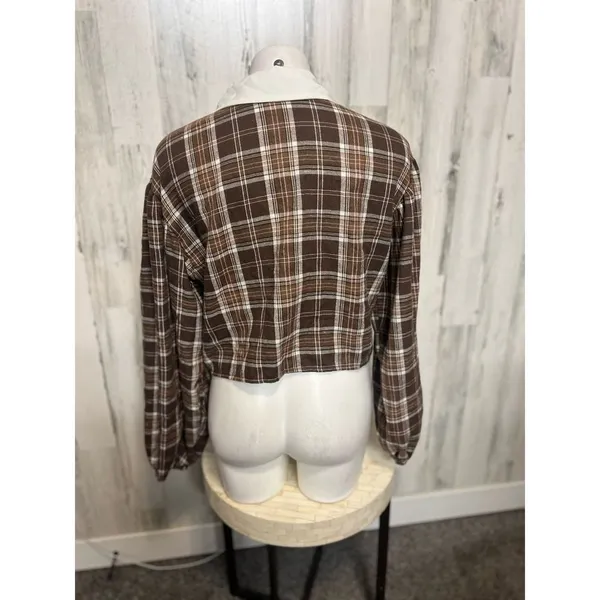SHEIN Plaid Contrast Collar Tie Front Crop Top Womens Large Brown Lantern Sleeve - Image 4