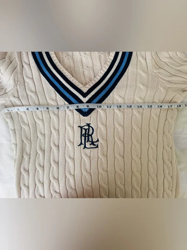 Lauren Ralph Lauren Logo Cricket Sweater S Cream Cable Knit Cotton LRL Preppy - Image 7