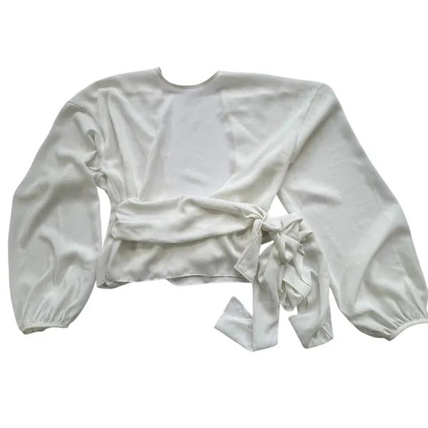Wilfred Aritzia White Wrap Blouse Womens S Silk Trim Balloon Sleeve Cropped Top - Image 2
