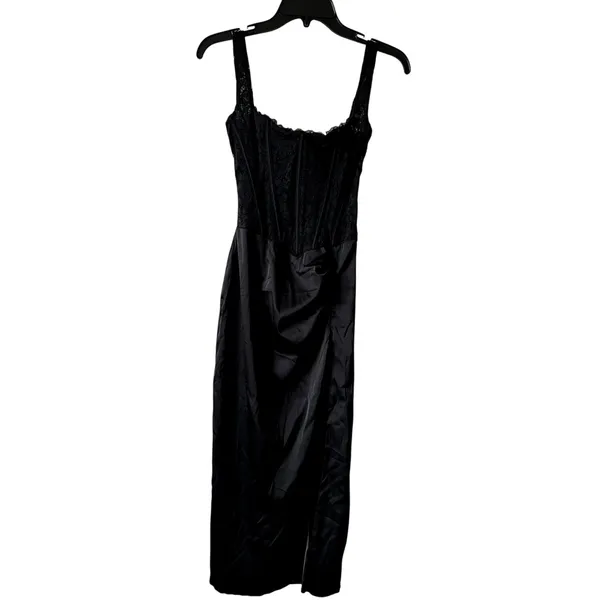 Oh Polly Taliah Lace Soft-Scoop Corset Satin Midaxi Midi Dress in Black Size 2 - Image 8