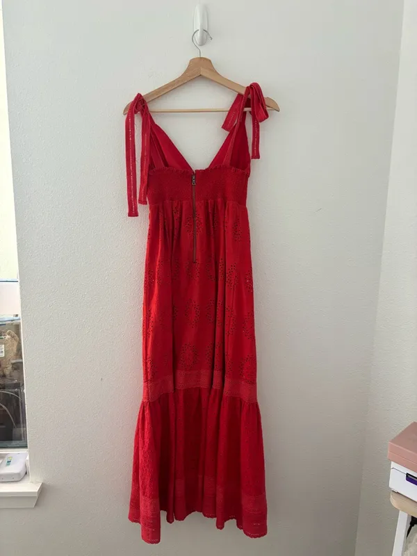 Alice + Olivia Levine Smocked Eyelet Maxi Dress in Bright Poppy Red - Image 4