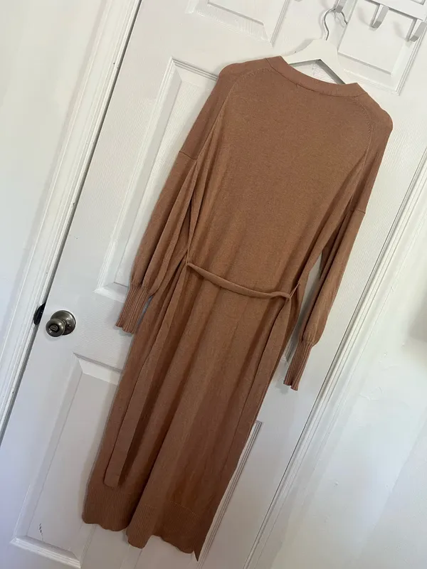 Boden Knit Midi Dress Brown Belted Button Front V Neck Minimalist Classic Size 8 | $190 | NWOT - Image 4
