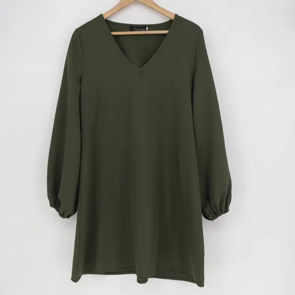 Solersun Olive Green V-Neck Balloon Sleeve Shift Mini Dress Large - Image 2
