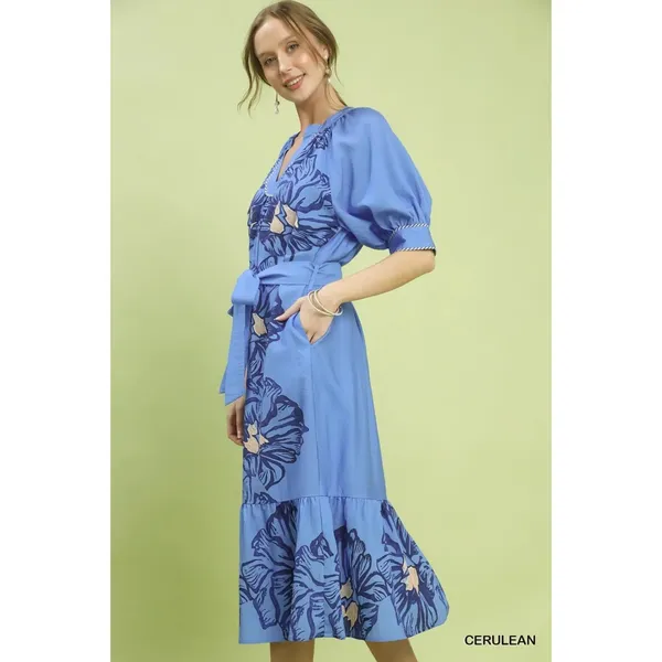 Umgee Floral Belted‎ Midi Dress - Cerulean - Small - Image 4