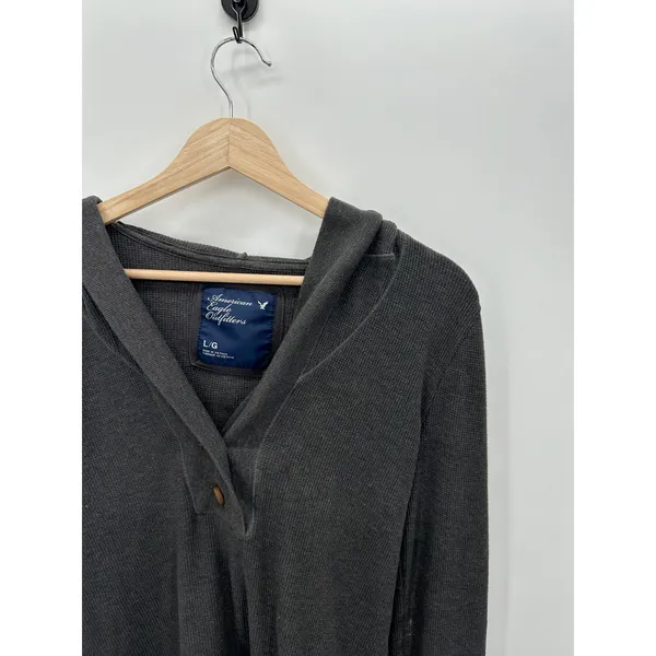 Y2K‎ American Eagle Gray Thermal Pullover Sweater Hooded Shawl Neck Women Large - Image 6