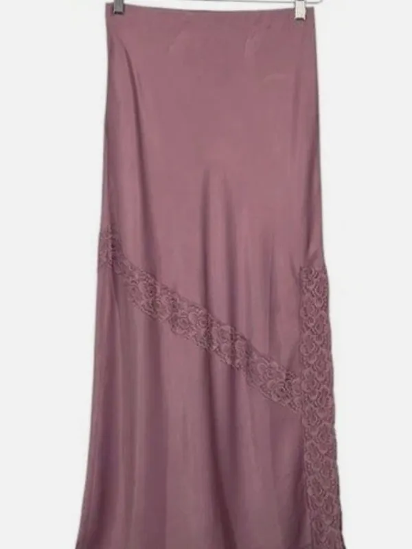 NWOT Free People Y2K Dusty Rose Silky Satin Midi Skirt Cottagecore Lace Pull On - Image 3