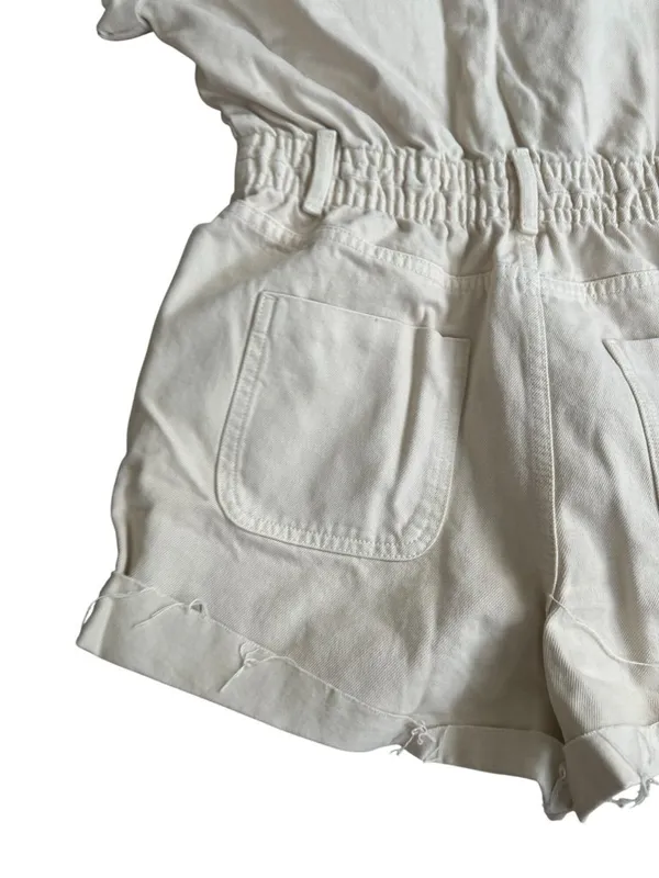 ZARA Women's Beige Buttoned Romper Size Medium - Image 6