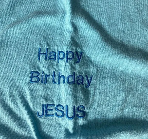 Gildan light blue embroidered Happy Birthday Jesus Christian shirt - Image 3