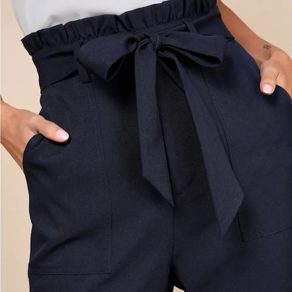 Navy Blue Paperbag Waist Straight Leg Pants trousers - Image 4