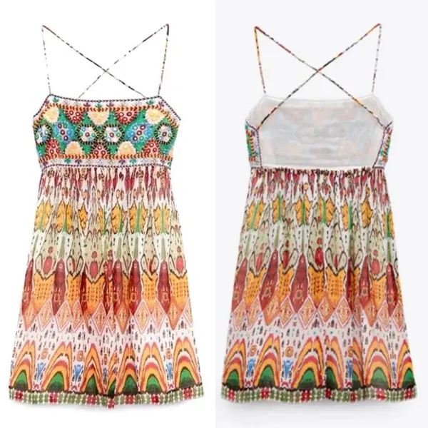 ZARA Geometric Print Straight Neck Strappy Embroidered Short Dress Size‎ Small - Image 3