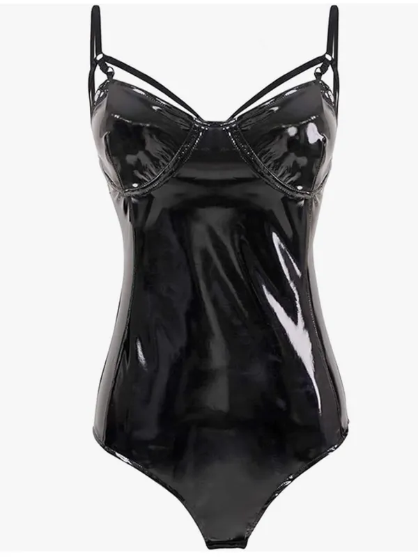 One Piece Halter Sexy Wet Look Leather Leotard Bodysuit in Black Tuzi Sz. Small - Image 2